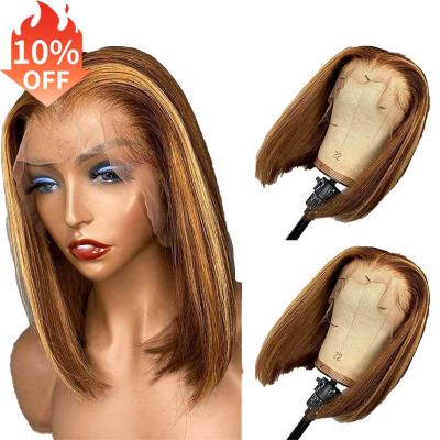 China Gold Brown Color Straight 13x4 Lace Frontal Short Lead Front Wig With Bangs Brazilian Hair Lace Extensions Hair Vendors for sale