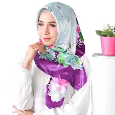 China Women Square Floral Digital Print Satin Pattern Malaysia Fashion Scarf Silk Turban Hijab for sale