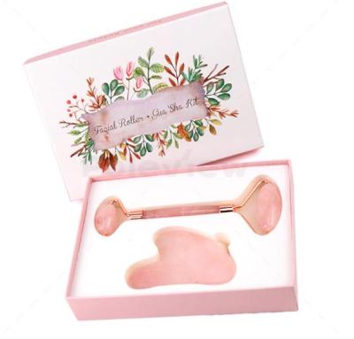 China Natural Amazon Flower Gift Package Quartz Skin Tool Gemstone Face Massager Rose Pink Jade Gua Sha Beauty Set Roller Massage For Face for sale