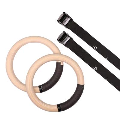 China Hot Sale Non-slip Ring Gym Rings Wood wooden gymnastics with nylon straps for gymnasium for sale