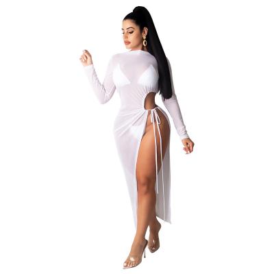 China European and American women's new anti-static nightclub skirts mesh sexy round women's cavity neck long-sleeved skirt for sale