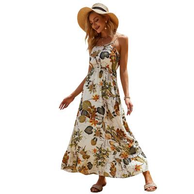 China 2022 Summer Vacation Fashion Style New Suspender Anti-Static Dress Women's Floral Printed Long Sleeve Dress for sale