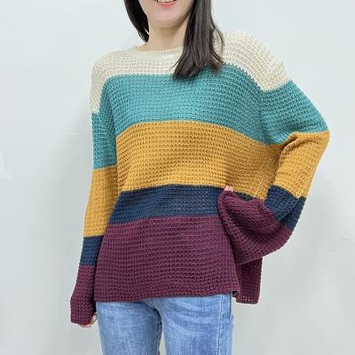 China Autumn Knitted Thick Needle Stripe Anti-Shrink Color Blocking Crochet Oversized Pullover Women's Sweater for sale