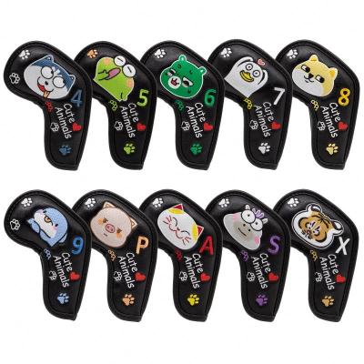 China Synthetic Leather Golf Iron Cover Cute Animals Golf Iron Head Covers Black PU Leather Golf Head Cover For Iron 10pcs/set for sale