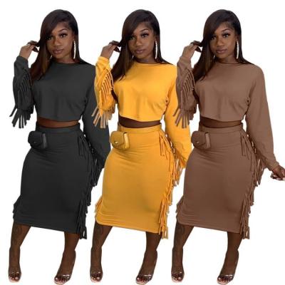 China Plus Size Women Casual Two Piece Set Designer Fashion Breathable Casual Sexy Skirt Suit Solid Color Tassel Clothing for sale