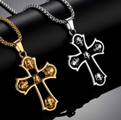 China Stainless Steel Retro Gothic Cross Pendant Necklace Punk Style Bossy Skull Cross Pendant Necklace Men's Religious Jewelry for sale