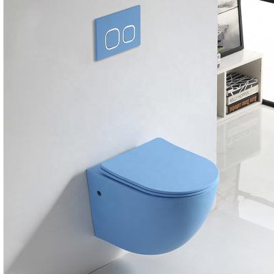 China Modern Bathroom Matt Blue Rimless Wall Hung Hidden Ceramic Cistern Toilet Back to Wall UF Seat Cover Toilet Price for sale