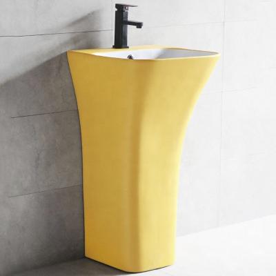 China Modern Dining Room Matt Yellow Pedestal Sink Free Standing Hand Sink With Pedestal for sale