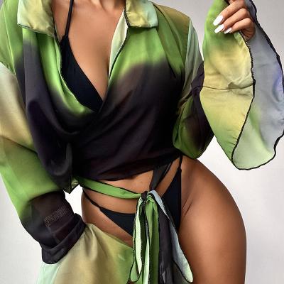 China Sexy Fashion Show Ladies Antibacterial Green Chiffon Three Piece Long Sleeve Triangle Halter Neck Swimsuit Bikini Beach Wear For Women for sale