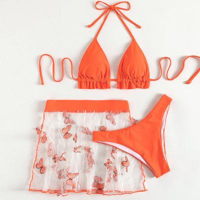 China 2022 Antibacterial Sexy Women's Orange Sheer 3 Piece Butterfly Mesh Swimwear Bikini Cover Up Halter Strap Swimwear For Young Ladies for sale