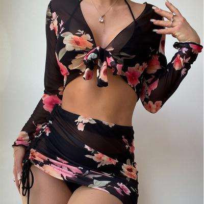 China Ladies Sexy Summer Antibacterial High Leg Mesh Triangle Lingerie Bikini Top Black Floral Print Four Piece Cover Up Coat Beach Skirt Beach Wear for sale