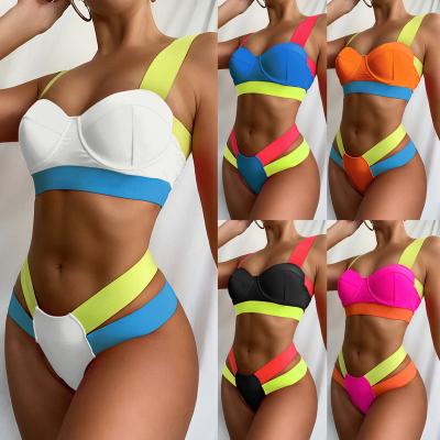 China Fashion Show Antibacterial Sexy Girls Low Waist Two Piece Mixed Color Patchwork Lift Up Swimwear Bandage Bikini Set Swimwear For Women for sale