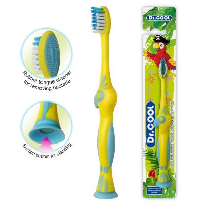 China Plastic & Attractive Rubber German Design Parrot Cardboard Design Children Kids Toothbrush With BRC CE Certificate for sale