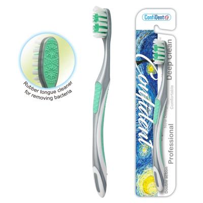 China Plastic & OEM Eco Friendly Rubber Bristle Heads Adult Plastic Toothbrush With Tongue Cleaner for sale