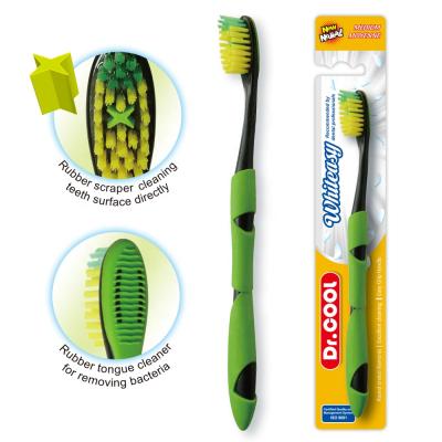 China Plastic & Manufacture Rubber Flexible Design Adult Plastic Toothbrush With Rubber Tongue Cleaner for sale