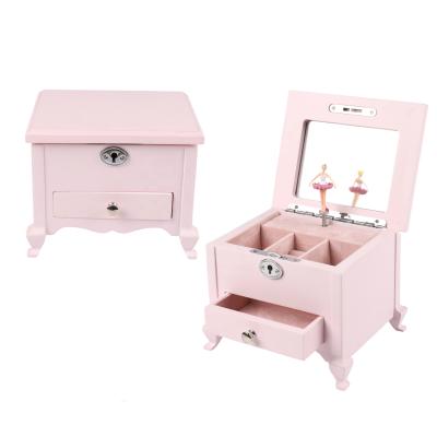 China Luxury Fashion Custom Home Decorate MDF Matte Paint Storage Acrylic Wooden Pink White Music Pull Out Jewelry Box Packaging Pink Logo for sale