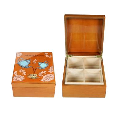 China Custom Logo Luxury Wooden Tea Bag Pine Pattern Exquisite Handmade Solid Wood 4 Compartments Storage Box for sale