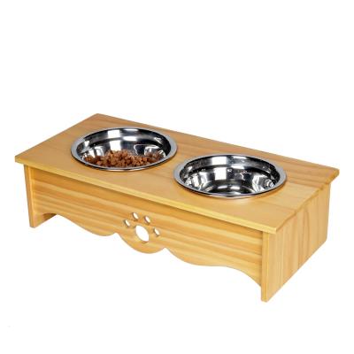 China Custom High Quality Handmade Pine Material Hollow Out Dog Paw Pattern Pet Bowl Stand for sale