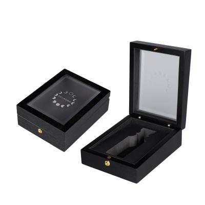 China Handmade Luxury Black Cosmetic Perfume Display Package Gift MDF Wooden Box With Acrylic Cover for sale