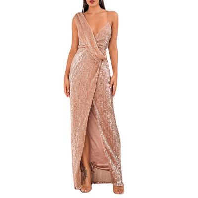 China Anti-wrinkle Slit Evening Dress Asymmetric Sleeveless Sequin Strap Women's Gold Elegant Dress Dress for sale