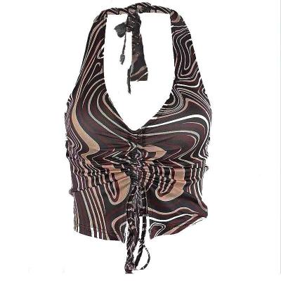 China Anti-Wrinkle Fashion Brown Print Halter V-Neck Summer Skinny Tank Top For Women Tank Top for sale