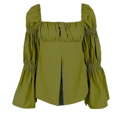 China Fashion Solid Color Women's Square Collar Anti-Wrinkle Flare Green Sleeve Blouse Front Split French Ladies Style Blouse And Shirt for sale