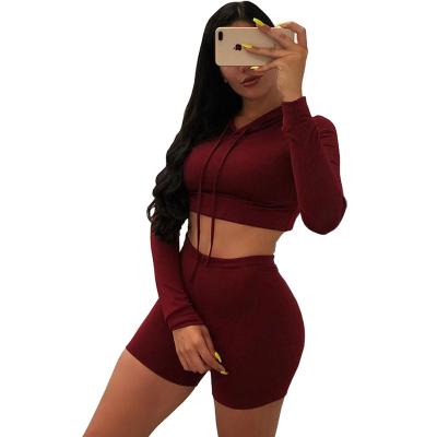 China - Women Two Piece Hoodie Crop Top With Seamless Biker Shorts Set Drawstring Long Sleeve Tracksuits for sale