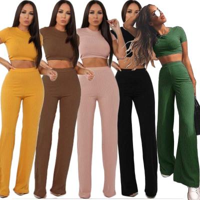 China - new mine fashion leisure suit women in Europe and America cotton top two-piece set elastic wide leg pants for sale