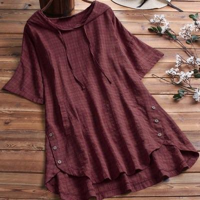 China Anti-wrinkle Women's Plus Size Loose Fit Short Sleeve Solid Hooded Cotton Fashion Style Canvas Top Fabric for sale