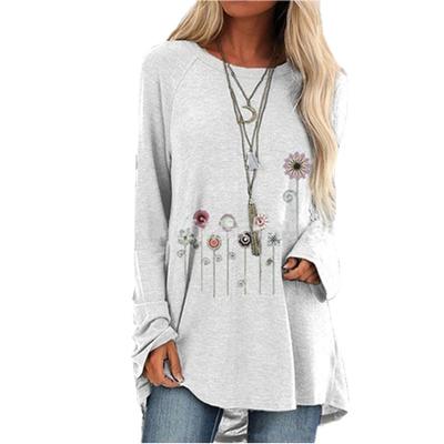 China Wholesale Women's Casual Round Neck Long Sleeve Loose Floral Print Border T-Shirts Breathable for sale