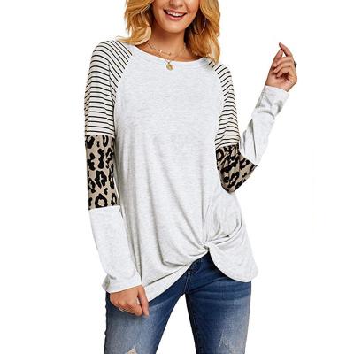 China Breathable Round Striped Leopard Print Long Sleeve Twist Neck T-shirt Women Casual Clothing for sale