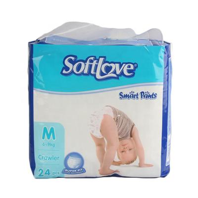 China Softlove Printed M High Quality Disposable 24'S Leak Prevention Smart Baby Diaper Pants for sale