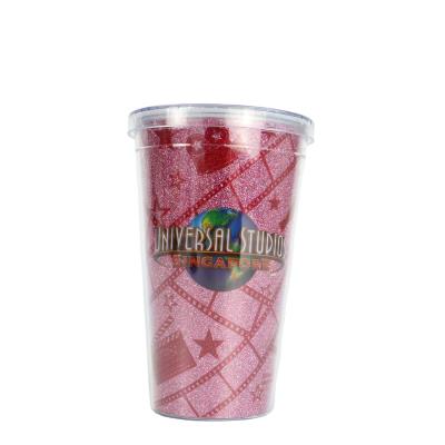 China Eco-friendly Hot Selling Reusable Glitter Paper Insert PS Cold Drinking Plastic Coffee Cup With Straws for sale