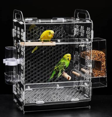 China Wholesale Breathable Indoor Cute Transparent Acrylic Cage Double Breeding Small Pet Parrot Bird Cage Canary Yellow Budgie Custom for sale