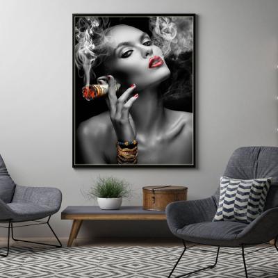 China Red Lips Wall Art Girl Painting Custom Canvas Print Impressionist Silver Wall Pop Art Decor Poster Women Smoking for sale