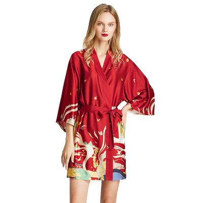 China 2020 Dunhuang fresco printing anti-static wine red bridesmaid robes women silk robe bathrobe for wedding gift for sale