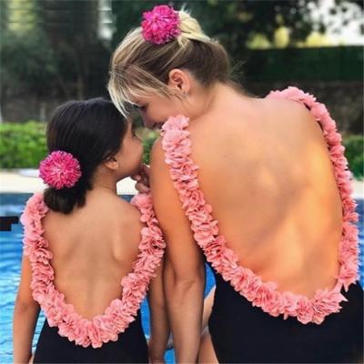 China New Women's Parent Child Petal Swimwear Petal Kid's Tankini Girls One-Piece Bikini Swimwear Backless Breathable for sale