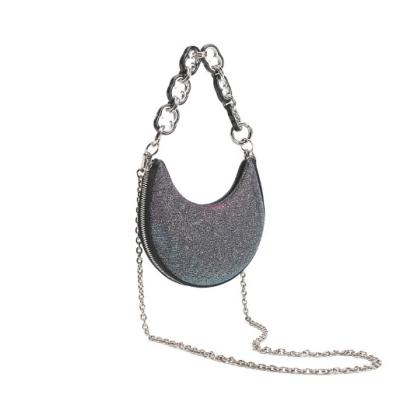 China Fashion Vintage Design Half Moon Glitter Women's Handbag Grain Leather Top Armpit Bag With Chain for sale