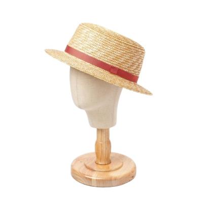 China Straw Hat 52cm Circumference Child Striped Edge Summer Unisex Straw Boater Baby Hat With Flat Ribbon for sale