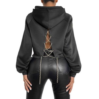 China 2022 Spring Good Quality Women's Breathable Blouse Black Sheathed Chain Crisscross Tops Summer Long Back Lace Up Fashionable Hoodies Women for sale