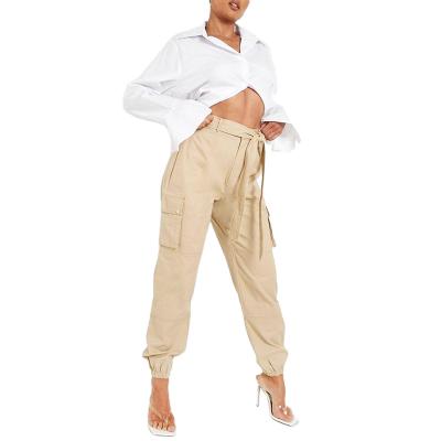 China Anti-wrinkle street fashion new women's cargo pants with elastic waist pocket contrast stitch casual vintage belted women cargo pants for sale