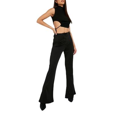 China simple and stylish custom made ladies Anti-wrinkle loose pants simple high waist loose fashion casual lace up detail flare pants women for sale