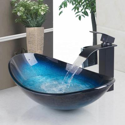 China Modern Over Counter Basin Blue Oval Shape Tempered Glass Wash Basin for sale