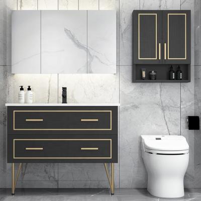 China Waterproof Luxury Commercial Black Floor Stand Bathroom Vanity Set Cabinet for sale