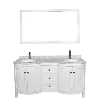 China Traditional White Marble Top Floor Mount Solid Wood Bathroom Vanity With Double Sink for sale