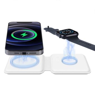 China Mobile Phone/Watch/Headphone Dual Magnetic Charger Foldable Wireless Charger for Mobile Phone Watch and Headset Charging for sale