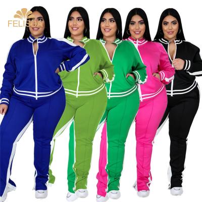 China Dropshipping Anti-Wrinkle Plus Size L-5XL Matching Set 2 Piece Women Zipper Striped Top Slit Pants Casual Jogger Suits Two Piece Set for sale