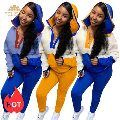 China Winter Patchwork Female Woolen Tracksuit Breathable Loose Plus Size Velvet Faux Lambswool Hoodies Jogger Pants Two Piece Set Tracksuit for sale