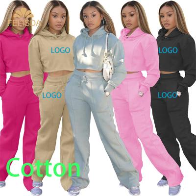 China Breathable Custom Cotton Two Piece Tracksuit Logo Set Women Hoodies Sweatshirt Drawstring Sweatpants Sports Jogging Sweat Suits for sale