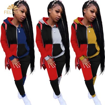 China Breathable Patchwork Two Piece Tracksuit Set Long Sleeve Zipper Women Hoodie Jacket Sweatpants Sweatsuit Workout Tracksuit Set for sale